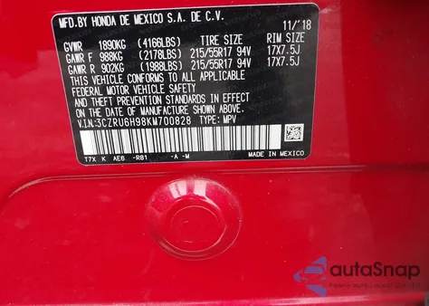 2019 Honda Hr-V Touring from USA, damaged, VIN 3CZRU6H98KM700828